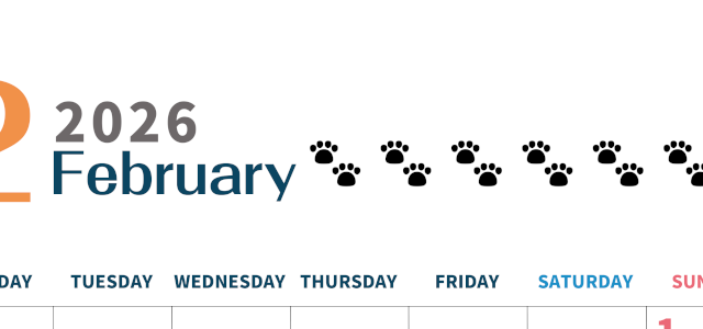 2026年2月カレンダーは縦型月曜始まりで猫の黒い肉球がゆるかわいいほっこりするイラストつき無料素材♪(2026-01220211)