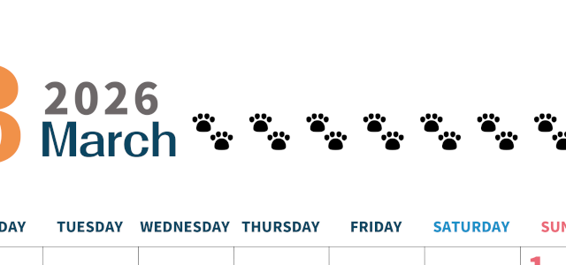 2026年3月カレンダーは縦型月曜始まりで猫の黒い肉球がゆるかわいいほっこりするイラストつき無料素材♪(2026-01220311)