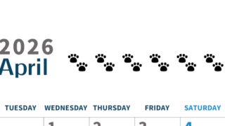 2026年4月カレンダーは縦型月曜始まりで猫の黒い肉球がゆるかわいいほっこりするイラストつき無料素材♪(2026-01220411)