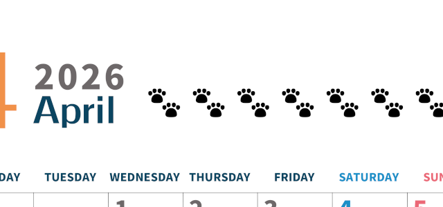 2026年4月カレンダーは縦型月曜始まりで猫の黒い肉球がゆるかわいいほっこりするイラストつき無料素材♪(2026-01220411)
