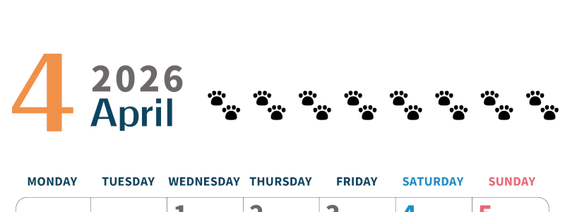 2026年4月カレンダーは縦型月曜始まりで猫の黒い肉球がゆるかわいいほっこりするイラストつき無料素材♪(2026-01220411)