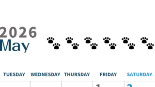2026年5月カレンダーは縦型月曜始まりで猫の黒い肉球がゆるかわいいほっこりするイラストつき無料素材♪(2026-01220511)