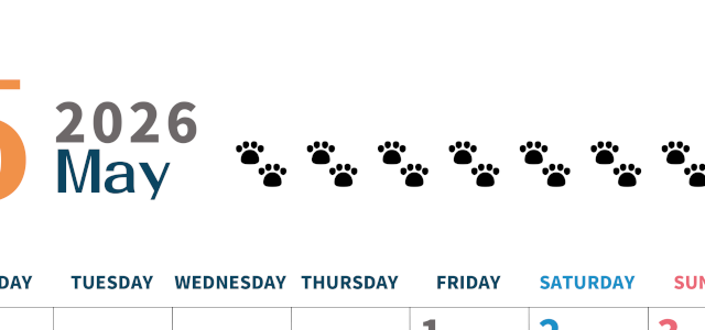 2026年5月カレンダーは縦型月曜始まりで猫の黒い肉球がゆるかわいいほっこりするイラストつき無料素材♪(2026-01220511)