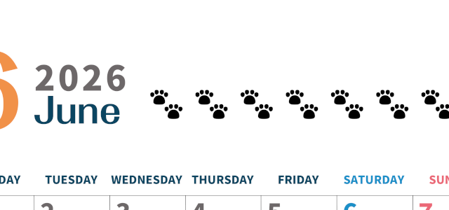2026年6月カレンダーは縦型月曜始まりで猫の黒い肉球がゆるかわいいほっこりするイラストつき無料素材♪(2026-01220611)