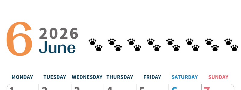 2026年6月カレンダーは縦型月曜始まりで猫の黒い肉球がゆるかわいいほっこりするイラストつき無料素材♪(2026-01220611)