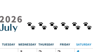 2026年7月カレンダーは縦型月曜始まり で猫の黒い肉球がゆるかわいいほっこりするイラストつき無料素材♪(2026-01220711)