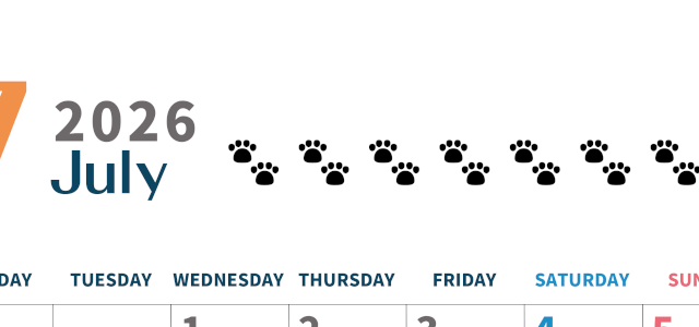 2026年7月カレンダーは縦型月曜始まり で猫の黒い肉球がゆるかわいいほっこりするイラストつき無料素材♪(2026-01220711)