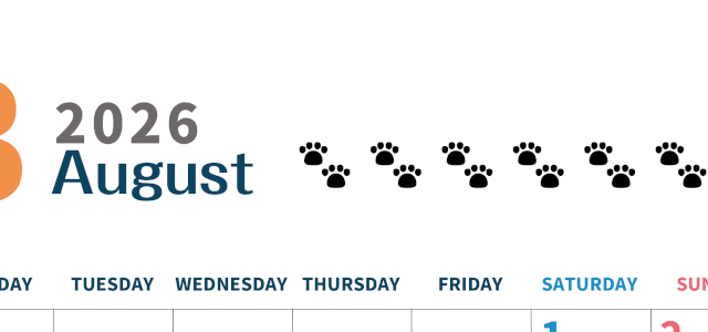 2026年8月カレンダーは縦型月曜始まりで猫の黒い肉球がゆるかわいいほっこりするイラストつき無料素材♪(2026-01220811)