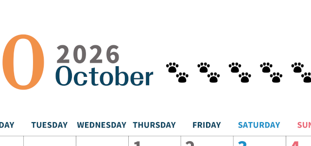 2026年10月カレンダーは縦型月曜始まりで猫の黒い肉球がゆるかわいいほっこりするイラストつき無料素材♪(2026-01221011)