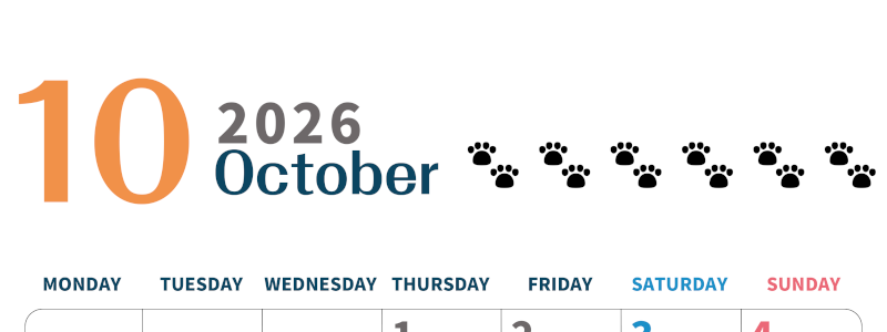 2026年10月カレンダーは縦型月曜始まりで猫の黒い肉球がゆるかわいいほっこりするイラストつき無料素材♪(2026-01221011)