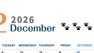 2026年12月カレンダーは縦型月曜始まりで猫の黒い肉球がゆるかわいいほっこりするイラストつき無料素材♪(2026-01221211)