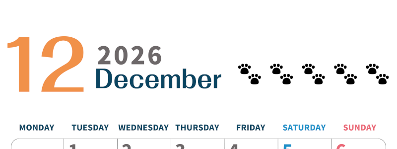 2026年12月カレンダーは縦型月曜始まりで猫の黒い肉球がゆるかわいいほっこりするイラストつき無料素材♪(2026-01221211)