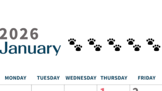 2026年1月カレンダーは縦型日曜始まりで猫の黒い肉球がゆるかわいいほっこりするイラストつき無料素材♪(2026-01220110)