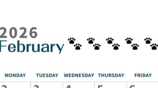 2026年2月カレンダーは縦型日曜始まりで猫の黒い肉球がゆるかわいいほっこりするイラストつき無料素材♪(2026-01220210)