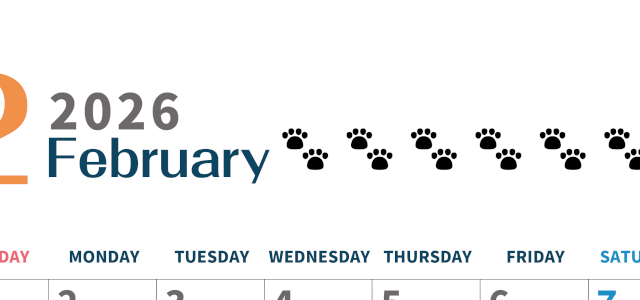 2026年2月カレンダーは縦型日曜始まりで猫の黒い肉球がゆるかわいいほっこりするイラストつき無料素材♪(2026-01220210)