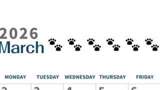 2026年3月カレンダーは縦型日曜始まりで猫の黒い肉球がゆるかわいいほっこりするイラストつき無料素材♪(2026-01220310)