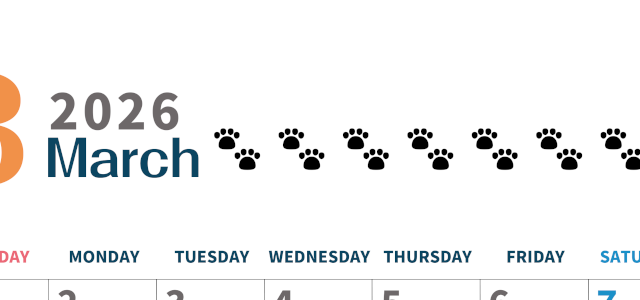 2026年3月カレンダーは縦型日曜始まりで猫の黒い肉球がゆるかわいいほっこりするイラストつき無料素材♪(2026-01220310)