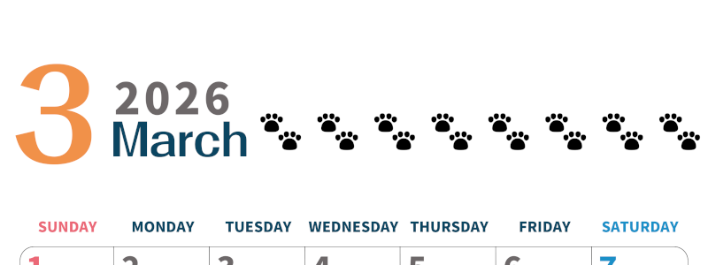 2026年3月カレンダーは縦型日曜始まりで猫の黒い肉球がゆるかわいいほっこりするイラストつき無料素材♪(2026-01220310)