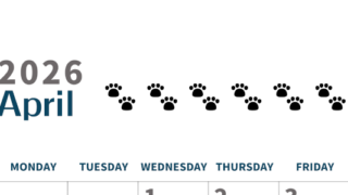 2026年4月カレンダーは縦型日曜始まりで猫の黒い肉球がゆるかわいいほっこりするイラストつき無料素材♪(2026-01220410)