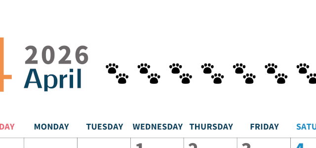 2026年4月カレンダーは縦型日曜始まりで猫の黒い肉球がゆるかわいいほっこりするイラストつき無料素材♪(2026-01220410)