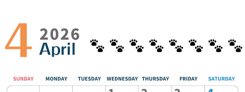 2026年4月カレンダーは縦型日曜始まりで猫の黒い肉球がゆるかわいいほっこりするイラストつき無料素材♪(2026-01220410)