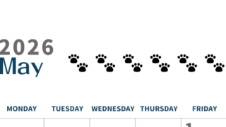2026年5月カレンダーは縦型日曜始まりで猫の黒い肉球がゆるかわいいほっこりするイラストつき無料素材♪(2026-01220510)