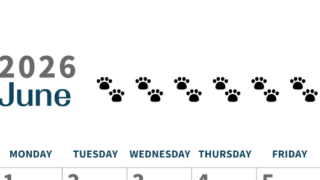 2026年6月カレンダーは縦型日曜始まりで猫の黒い肉球がゆるかわいいほっこりするイラストつき無料素材♪(2026-01220610)