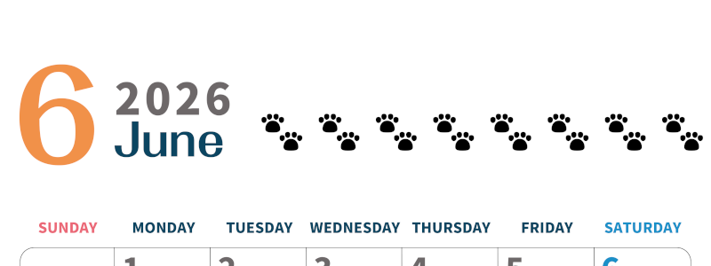 2026年6月カレンダーは縦型日曜始まりで猫の黒い肉球がゆるかわいいほっこりするイラストつき無料素材♪(2026-01220610)