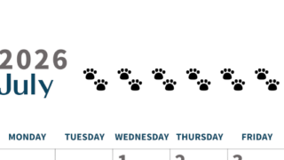 2026年7月カレンダーは縦型日曜始まり で猫の黒い肉球がゆるかわいいほっこりするイラストつき無料素材♪(2026-01220710)