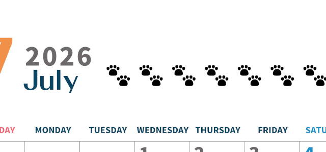 2026年7月カレンダーは縦型日曜始まり で猫の黒い肉球がゆるかわいいほっこりするイラストつき無料素材♪(2026-01220710)