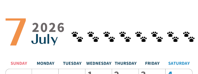 2026年7月カレンダーは縦型日曜始まり で猫の黒い肉球がゆるかわいいほっこりするイラストつき無料素材♪(2026-01220710)