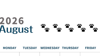 2026年8月カレンダーは縦型日曜始まりで猫の黒い肉球がゆるかわいいほっこりするイラストつき無料素材♪(2026-01220810)