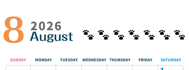 2026年8月カレンダーは縦型日曜始まりで猫の黒い肉球がゆるかわいいほっこりするイラストつき無料素材♪(2026-01220810)