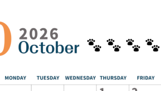2026年10月カレンダーは縦型日曜始まりで猫の黒い肉球がゆるかわいいほっこりするイラストつき無料素材♪(2026-01221010)