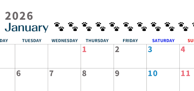 2026年1月カレンダーは横型月曜始まりで猫の黒い肉球がゆるかわいいほっこりするイラストつき無料素材♪(2026-01220101)