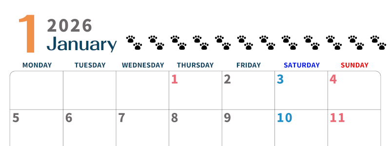 2026年1月カレンダーは横型月曜始まりで猫の黒い肉球がゆるかわいいほっこりするイラストつき無料素材♪(2026-01220101)