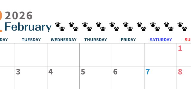 2026年2月カレンダーは横型月曜始まりで猫の黒い肉球がゆるかわいいほっこりするイラストつき無料素材♪(2026-01220201)