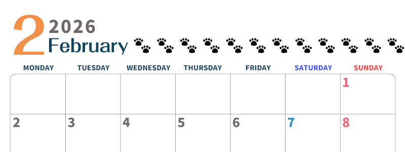 2026年2月カレンダーは横型月曜始まりで猫の黒い肉球がゆるかわいいほっこりするイラストつき無料素材♪(2026-01220201)