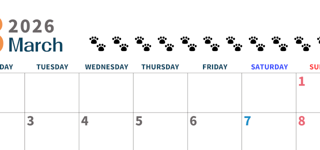 2026年3月カレンダーは横型月曜始まりで猫の黒い肉球がゆるかわいいほっこりするイラストつき無料素材♪(2026-01220301)