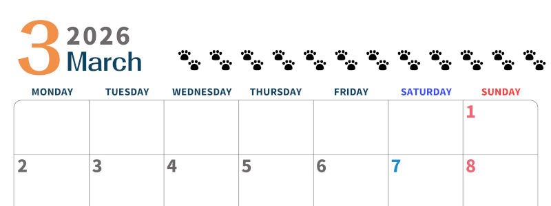 2026年3月カレンダーは横型月曜始まりで猫の黒い肉球がゆるかわいいほっこりするイラストつき無料素材♪(2026-01220301)