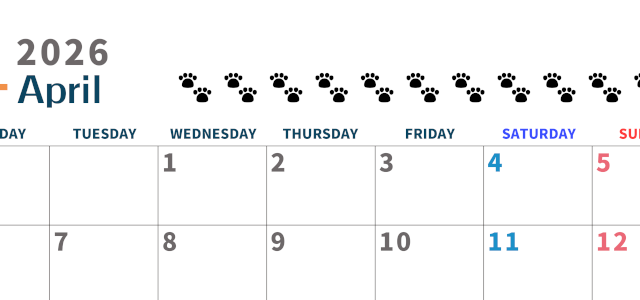 2026年4月カレンダーは横型月曜始まりで猫の黒い肉球がゆるかわいいほっこりするイラストつき無料素材♪(2026-01220401)