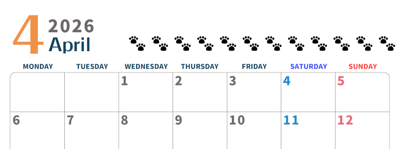 2026年4月カレンダーは横型月曜始まりで猫の黒い肉球がゆるかわいいほっこりするイラストつき無料素材♪(2026-01220401)