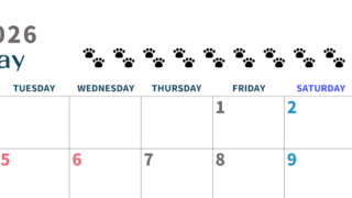 2026年5月カレンダーは横型月曜始まりで猫の黒い肉球がゆるかわいいほっこりするイラストつき無料素材♪(2026-01220501)