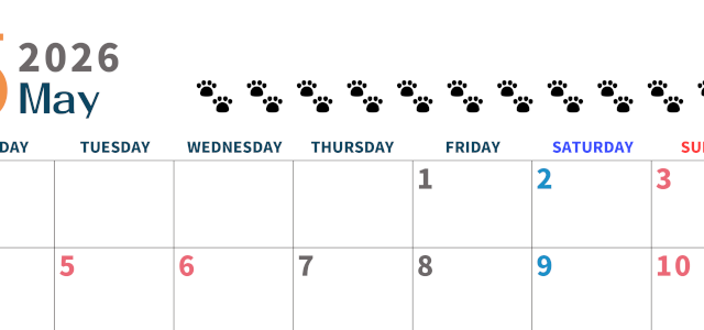 2026年5月カレンダーは横型月曜始まりで猫の黒い肉球がゆるかわいいほっこりするイラストつき無料素材♪(2026-01220501)