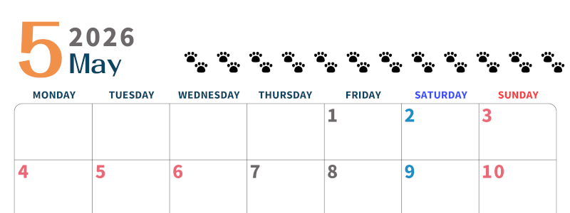 2026年5月カレンダーは横型月曜始まりで猫の黒い肉球がゆるかわいいほっこりするイラストつき無料素材♪(2026-01220501)