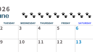 2026年6月カレンダーは横型月曜始まりで猫の黒い肉球がゆるかわいいほっこりするイラストつき無料素材♪(2026-01220601)