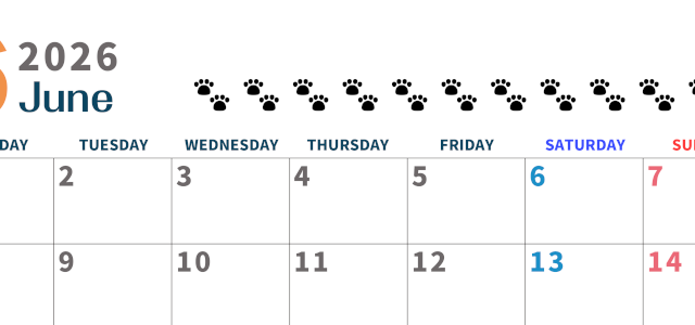 2026年6月カレンダーは横型月曜始まりで猫の黒い肉球がゆるかわいいほっこりするイラストつき無料素材♪(2026-01220601)