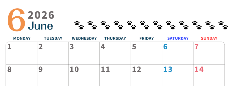 2026年6月カレンダーは横型月曜始まりで猫の黒い肉球がゆるかわいいほっこりするイラストつき無料素材♪(2026-01220601)