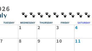 2026年7月カレンダーは横型月曜始まり で猫の黒い肉球がゆるかわいいほっこりするイラストつき無料素材♪(2026-01220701)