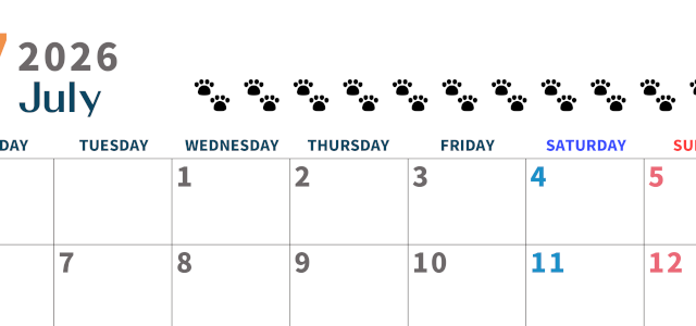 2026年7月カレンダーは横型月曜始まり で猫の黒い肉球がゆるかわいいほっこりするイラストつき無料素材♪(2026-01220701)